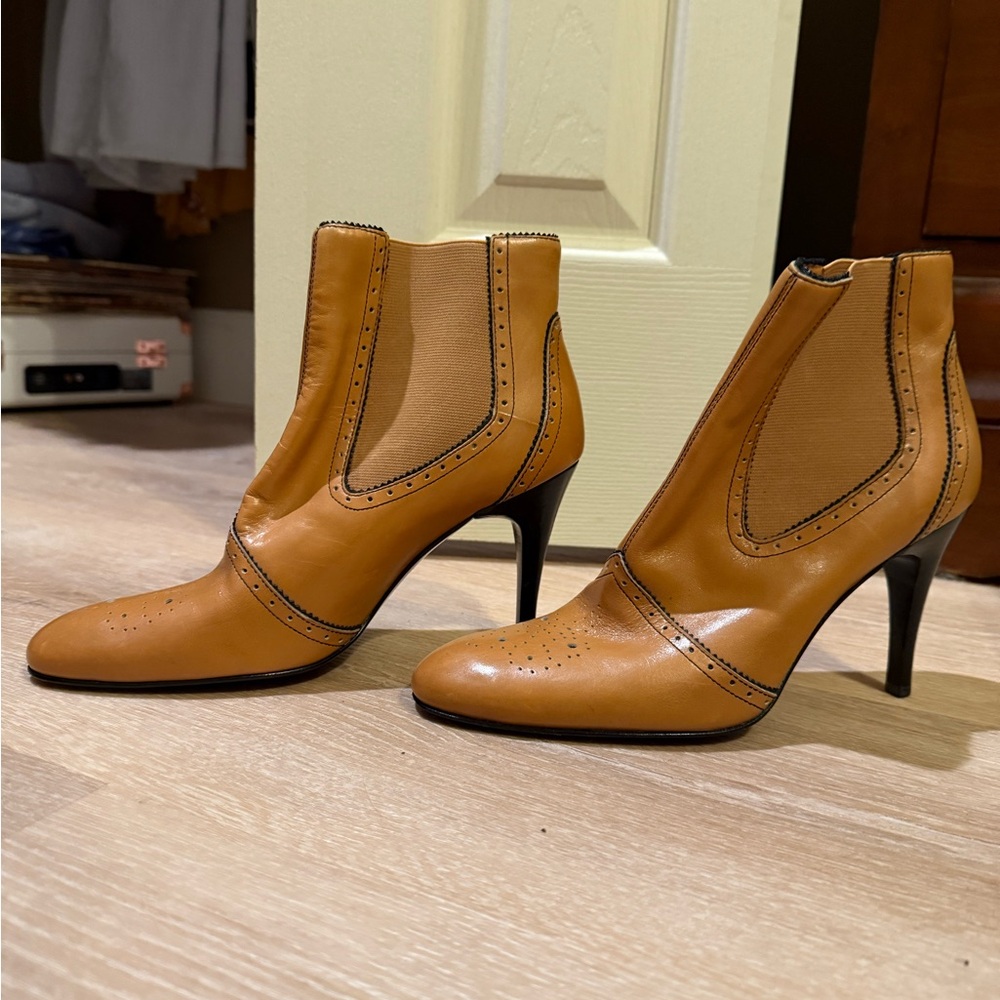 Joan & David Tan Heeled Boots with Stacked Heel
